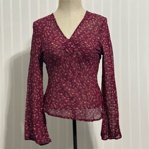 Quiz Mesh Top M Y2K‎ Sheer Floral Bell Sleeve V-Neck Twist Burgundy Grunge Fairy
